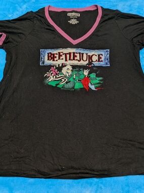 Classic Beetlejuice Graphic V-Neck Tee With Pink Trim